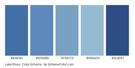 Lake Blues - Color scheme palette thumbnail - #436fa6 #5d88bb #79a1c3 #96bad4 #2e4d87 