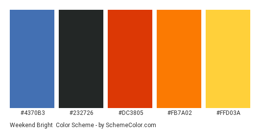 Weekend Bright - Color scheme palette thumbnail - #4370b3 #232726 #dc3805 #fb7a02 #ffd03a 