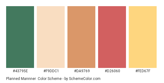 Planned Mannner - Color scheme palette thumbnail - #43795e #f9ddc1 #da9769 #d26060 #fed67f 