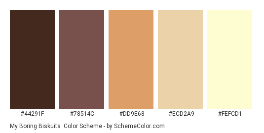 My Boring Biskuits - Color scheme palette thumbnail - #44291F #78514C #DD9E68 #ECD2A9 #FeFcD1 