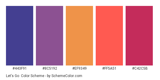 Let’s Go - Color scheme palette thumbnail - #443f91 #8c5192 #ef9349 #ff5a51 #c42c5b 