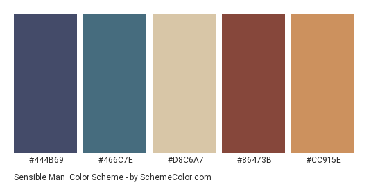 Sensible Man - Color scheme palette thumbnail - #444B69 #466C7E #D8C6A7 #86473B #CC915E 