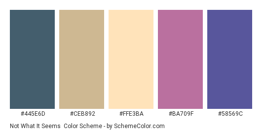 Not What It Seems - Color scheme palette thumbnail - #445E6D #CEB892 #FFE3BA #BA709F #58569C 