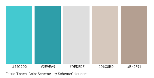 Fabric Tones - Color scheme palette thumbnail - #44C9D0 #2E9EA9 #DEDEDE #D6C8BD #B49F91 