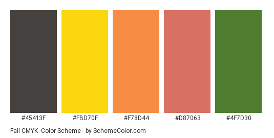 Fall CMYK - Color scheme palette thumbnail - #45413F #FBD70F #F78D44 #D87063 #4F7D30 