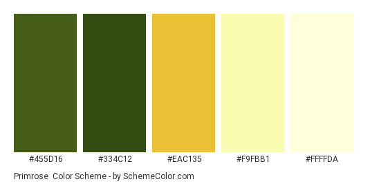 Primrose - Color scheme palette thumbnail - #455d16 #334c12 #eac135 #f9fbb1 #ffffda 
