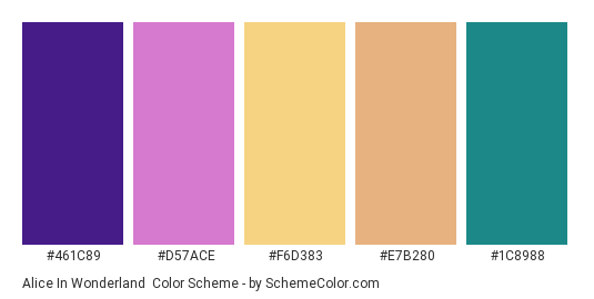 Alice in Wonderland - Color scheme palette thumbnail - #461C89 #D57ACE #F6D383 #E7B280 #1C8988 