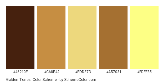 Golden tones - Color scheme palette thumbnail - #46210e #c68e42 #edd87d #a57031 #fdff85 