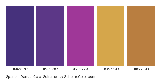 Spanish Dance - Color scheme palette thumbnail - #46317c #5c3787 #9f3798 #d5a64b #b97e40 