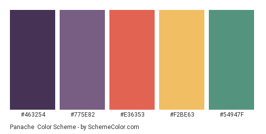Panache - Color scheme palette thumbnail - #463254 #775E82 #E36353 #F2BE63 #54947F 