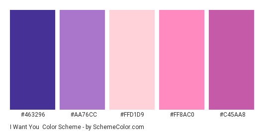 I Want You - Color scheme palette thumbnail - #463296 #AA76CC #FFD1D9 #FF8AC0 #C45AA8 