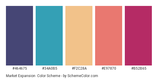Market Expansion - Color scheme palette thumbnail - #464675 #34A0B5 #F2C28A #E97870 #B52B65 