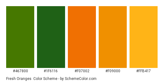 Fresh Oranges - Color scheme palette thumbnail - #467800 #1F6116 #F07002 #F09000 #FFB417 