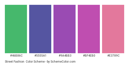 Street Fashion - Color scheme palette thumbnail - #46B86C #5555A1 #9A4BB3 #BF4EB0 #E3789C 