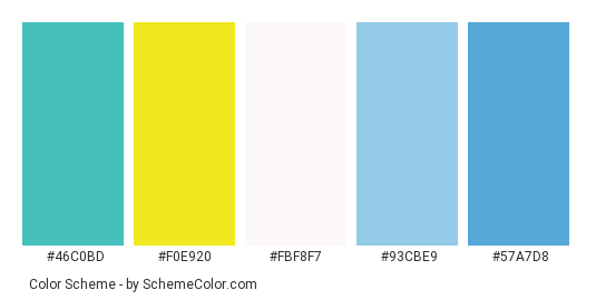 Budgies (Budgerigar) Birds - Color scheme palette thumbnail - #46c0bd #f0e920 #fbf8f7 #93cbe9 #57a7d8 