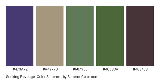Seeking Revenge - Color scheme palette thumbnail - #473a72 #a4977d #607956 #4c683a #463438 
