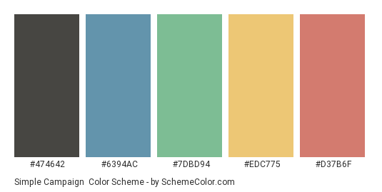 Simple Campaign - Color scheme palette thumbnail - #474642 #6394AC #7DBD94 #edc775 #d37b6f 