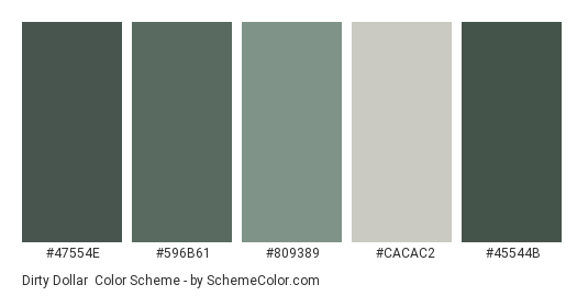 Dirty Dollar - Color scheme palette thumbnail - #47554e #596b61 #809389 #cacac2 #45544b 