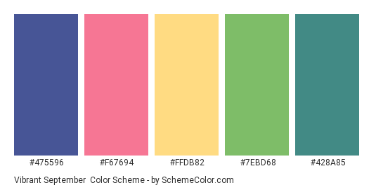 Vibrant September - Color scheme palette thumbnail - #475596 #F67694 #FFDB82 #7EBD68 #428A85 