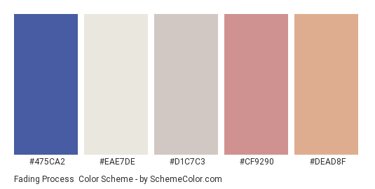 Fading Process - Color scheme palette thumbnail - #475ca2 #eae7de #d1c7c3 #cf9290 #dead8f 