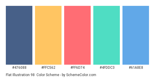 Flat Illustration 98 - Color scheme palette thumbnail - #476088 #ffc562 #ff6d74 #4fddc3 #61a8e8 
