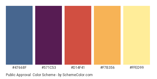 Public Approval - Color scheme palette thumbnail - #47668F #571C53 #D14F41 #F7B356 #FFED99 