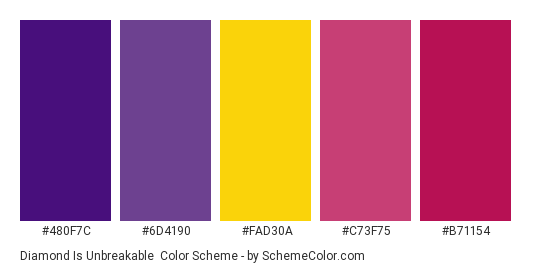 Diamond is Unbreakable - Color scheme palette thumbnail - #480f7c #6d4190 #fad30a #c73f75 #b71154 
