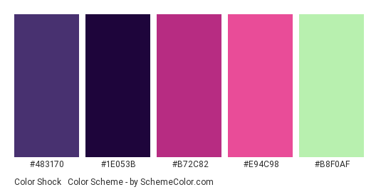 Color Shock #1 - Color scheme palette thumbnail - #483170 #1E053B #B72C82 #E94C98 #B8F0AF 