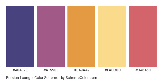 Persian Lounge - Color scheme palette thumbnail - #48437E #A15988 #E49A42 #FADB8C #D4646C 