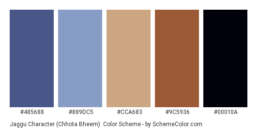 Jaggu Character (Chhota Bheem) - Color scheme palette thumbnail - #485688 #889dc5 #cca683 #9c5936 #00010a 