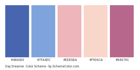Day Dreamer - Color scheme palette thumbnail - #4866b0 #7fa4dc #eeb5ba #f9d6ca #b8678c 