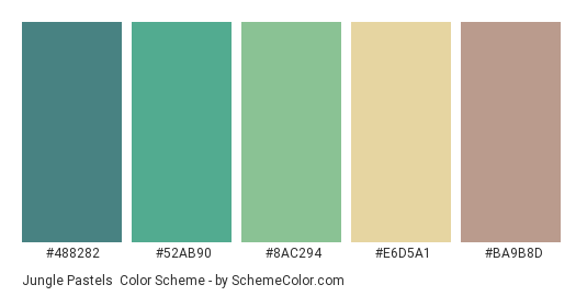 Jungle Pastels - Color scheme palette thumbnail - #488282 #52AB90 #8AC294 #E6D5A1 #BA9B8D 