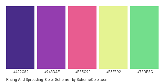 Rising and Spreading - Color scheme palette thumbnail - #492C89 #943DAF #E85C90 #E5F392 #73DE8C 