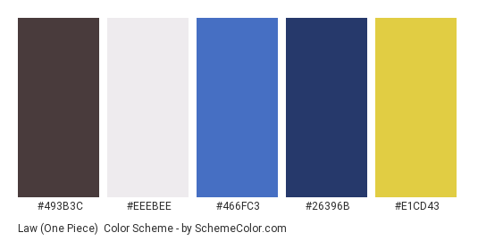 Law (One Piece) - Color scheme palette thumbnail - #493B3C #EEEBEE #466FC3 #26396B #E1CD43 