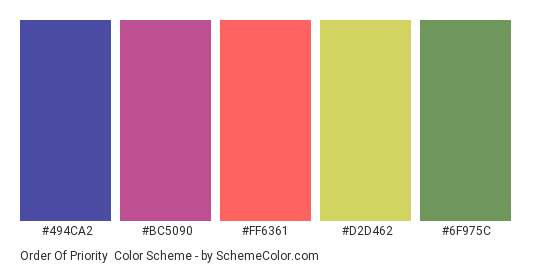 Order of Priority - Color scheme palette thumbnail - #494CA2 #BC5090 #FF6361 #D2D462 #6F975C 