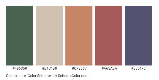 Consolidate - Color scheme palette thumbnail - #496350 #D1C1B0 #C78567 #A65A5A #555170 