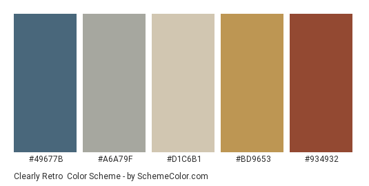 Clearly Retro - Color scheme palette thumbnail - #49677B #A6A79F #D1C6B1 #BD9653 #934932 