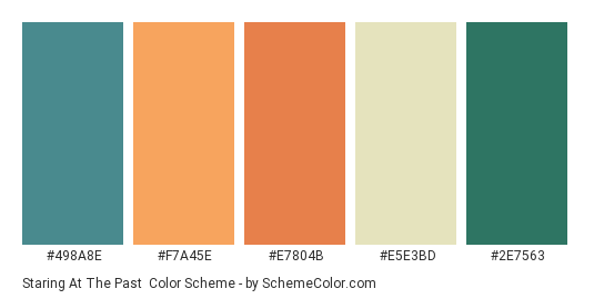 Staring at the Past - Color scheme palette thumbnail - #498a8e #f7a45e #e7804b #e5e3bd #2e7563 