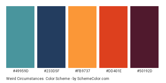 Weird Circumstances - Color scheme palette thumbnail - #49959D #233D5F #FB9737 #DD401E #50192D 