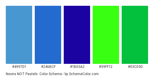 Neons NOT Pastels - Color scheme palette thumbnail - #4997D1 #246BCF #1B03A2 #39FF12 #03C03D 