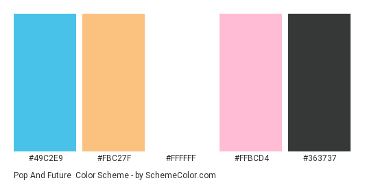 Pop and Future - Color scheme palette thumbnail - #49C2E9 #FBC27F #ffffff #ffbcd4 #363737 