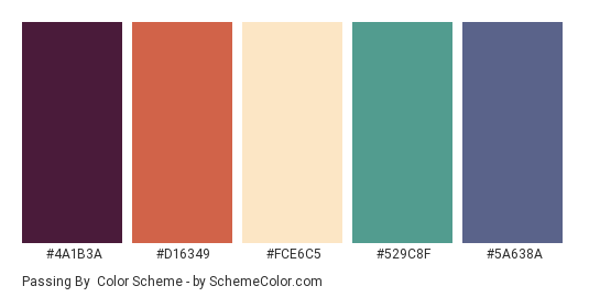 Passing By - Color scheme palette thumbnail - #4A1B3A #D16349 #FCE6C5 #529C8F #5A638A 