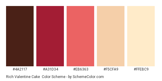 Rich Valentine Cake - Color scheme palette thumbnail - #4A2117 #A31D34 #EB6363 #F5CFA9 #FFEBC9 