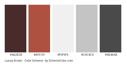 Luxury Brown & White - Color scheme palette thumbnail - #4A2B2B #AF5141 #F0F0F0 #C4C4C4 #4A4A4A 