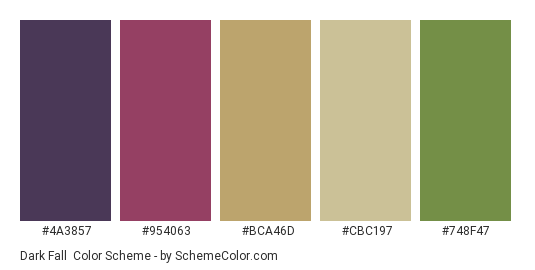 Dark Fall - Color scheme palette thumbnail - #4A3857 #954063 #BCA46D #CBC197 #748F47 