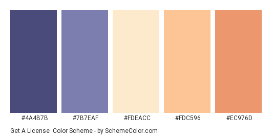 Get a License - Color scheme palette thumbnail - #4A4B7B #7B7EAF #FDEACC #FDC596 #EC976D 