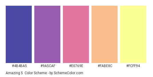 Amazing 5 - Color scheme palette thumbnail - #4B4BA5 #9A5CAF #E0769E #FABE8C #FCFF94 