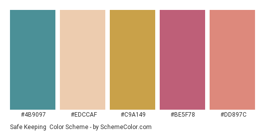 Safe Keeping - Color scheme palette thumbnail - #4B9097 #EDCCAF #C9A149 #BE5F78 #DD897C 