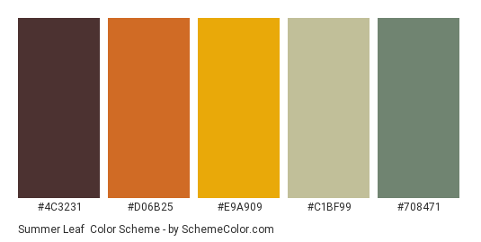 Summer Leaf - Color scheme palette thumbnail - #4C3231 #D06B25 #E9A909 #C1BF99 #708471 