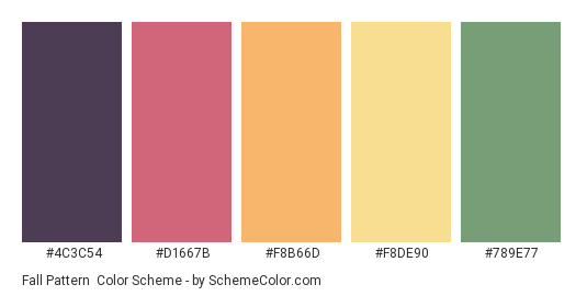 Fall Pattern - Color scheme palette thumbnail - #4C3C54 #D1667B #F8B66D #F8DE90 #789E77 